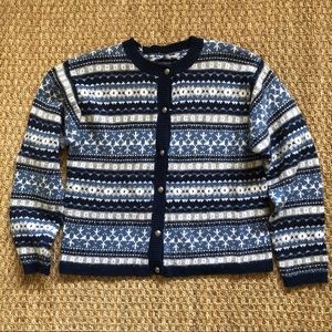 Mtn Lake cardigan in blues/creams & silver buttons